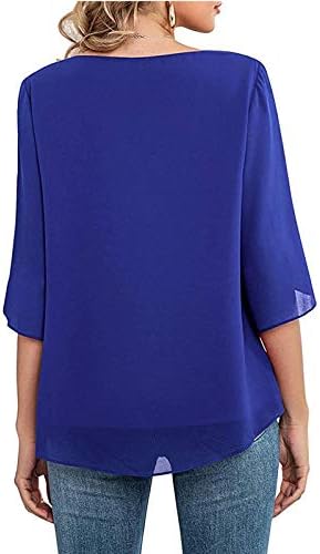 Женски обичен лажички врат лабава топ 3/4 ракав шифон кошула на блузи врвови шифонски врвни маици блузи