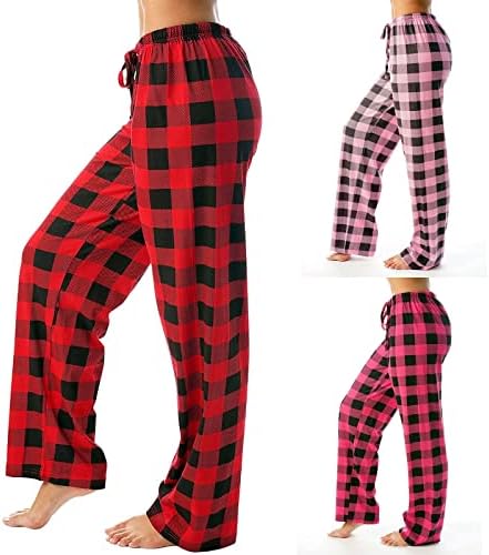 Fireero панталони за жени, женска шема за проверка на пижама со високи половини, лето широко нозе карирано печатено долги панталони за спиење