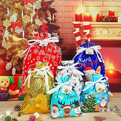 HRX Пакет Празнични Торби За Завиткување Подароци, 15 парчиња Божиќни Вреќи Со Фолија Торбички Со Ознака За Подароци За Божиќни Подароци