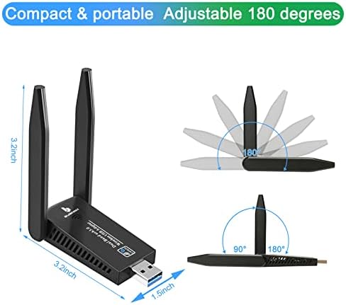 PC WiFi адаптер, USB WiFi адаптер за десктоп компјутер, 1300Mbps двојни 5DBI антени, поддршка 2,4G & 5G мрежа, 802.11AC во согласност,