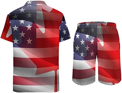 Американски и знаме на знамето на Канада 2 парчиња Хавајски постави копче-долу кошули со кратки ракави, панталони за плажа, лабаво