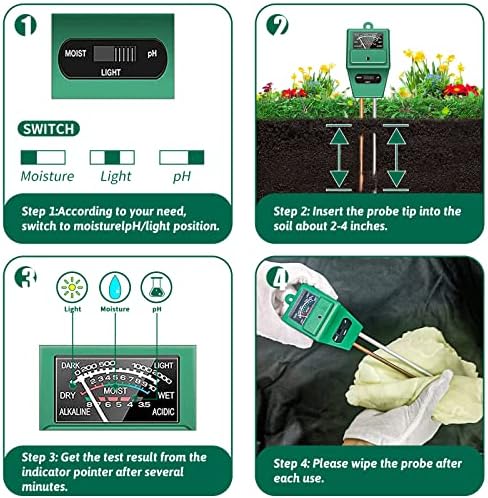 Алатки за гејгарнинг на почвата Szhlux 3-во-1 мерач на влага светлина и pH тестер за нега на растенија, за градина, тревник,