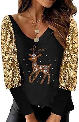 Божиќни џемпери на Хуанкд, обични врели дијаманти, секси секси V-вратот на вратот, сјајна маичка со долг ракав, пад на блузи