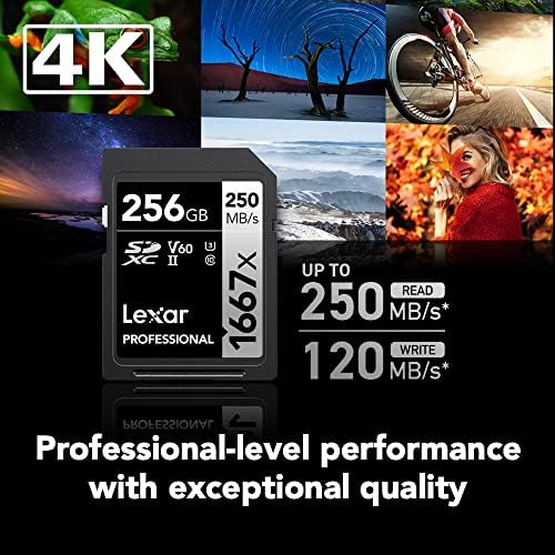 Lexar Professional 1667X 256GB SDXC UHS-II мемориска картичка, C10, U3, V60, Video Full-HD & 4K, прочитајте до 250MB/s, за професионален фотограф,