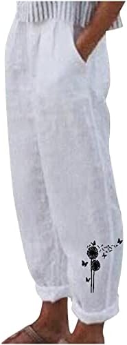 Женски каприс панталони летни глуварчиња печати памук постелнина лабава еластична половината широка нога исечена дневна панталони