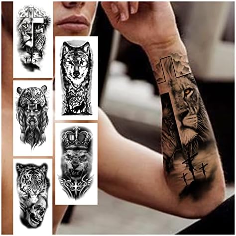 Hifasi привремени тетоважи 6 парчиња крст лав Привремена тетоважа за жени мажи возрасни череп тигар волк шума налепница црна реална