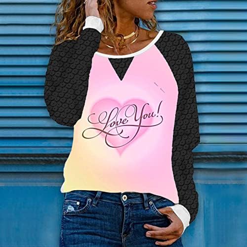 WordArt Те сакам врвови женски модни кошули со долг ракав тинејџерски девојки симпатична розова срцева графичка тунична маица чипка