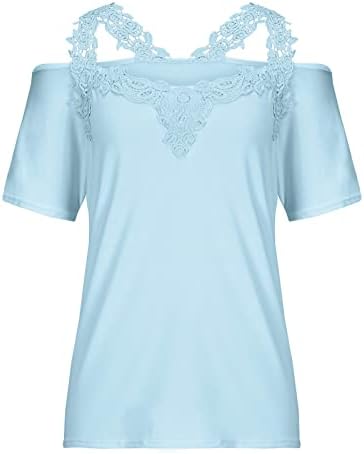 Плус големина маица за жени против чипка на вратот, ладно рамо, кратка ракав блуза, цврста боја лабава вклопување врвови