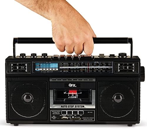 QFX J-220BT BOOMBOX MP3 конверзија од радио во касета со радио 4-опсег со Bluetooth, двојни 3 ”звучници, вграден микрофон, рекордер