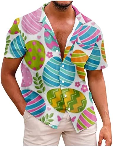 Велигденски ден машка хавајска кошула памук со кратки ракави со кратки ракави надолу по летниот одмор лесен тропски кошули на плажа