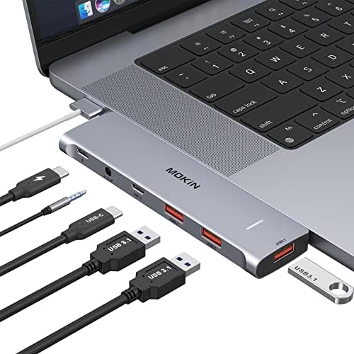 USB C Адаптер За Macbook Pro/Air 13 15 2022 2021 2020, Mokin 6 во 2 Macbook Адаптер, MACBOOK USB Адаптер Со Thunderbook 3 Порта, 100W PD, 3 USB 3.1 и 3.5 mm Аудио Порти-Поддршка Magsafe 3 Полнење