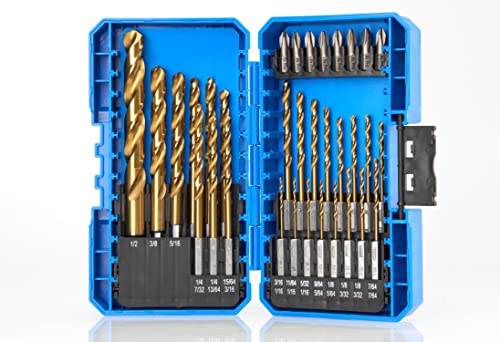 Amoolo Impact Dript Bit Set, 33PCS Titanium HSS Twist Hex Shank Dript Bit Set за метал, челик, дрво, пластика, дизајн за брза промена плус