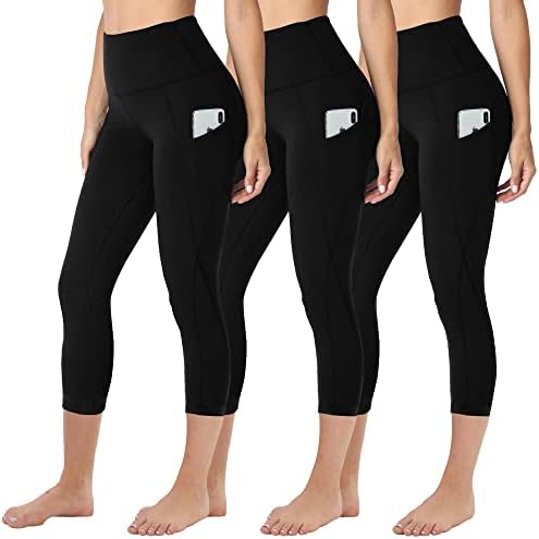 Хлтпро 3 Спакувајте Капри Хеланки За Жени Со Џебови-Црни Панталони За Јога За Контрола На Стомакот Со Висок Струк Каприс За Вежбање