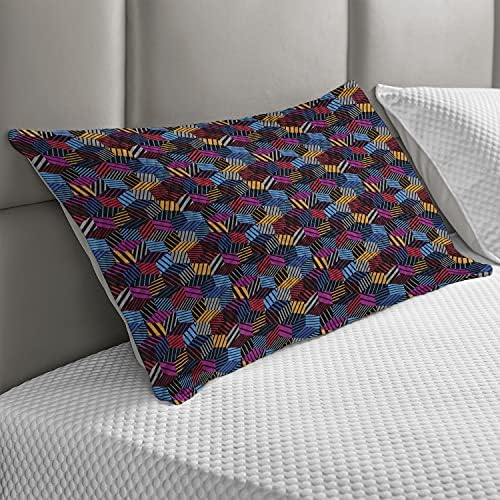 Амбесон Геометриски ватирана перница, соблечена 3 -димензионална шема на коцка живописна палета на бои осумдесетти Дизајн, стандарден