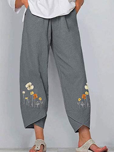 2023 памучни постелнини панталони, женски фустани обични широки нозе палацо јога каприс цветни печатени модни мега -панталони со џебови