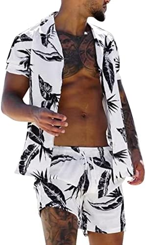 Печатено летни шорцеви и кратки панталони за плажа, ракави за ракави со 2 парчиња кошули со кошули мажи костуми и поставуваат големи