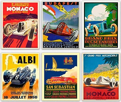 Wallbuddy сет од 6 постери за гран -при на автомобили F Post Formula Poster Car Racing Motor Motor Racing Post 1930, 1936, 1937, 1952, 1966,