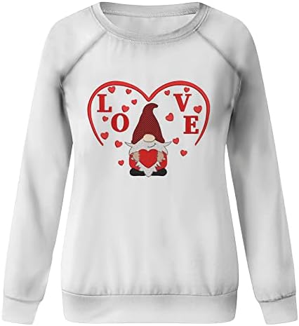 Валентин кошули за жени облечени во обична екипаж џемпер со долги ракави, симпатична пулвер блуза, врвови за печатење на срцето