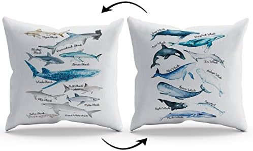 Морски живот Кит и ајкула Образовна океанска табела за животни, реверзибилна фрлање перница за перници за перница, риба тема 18x18 инчи декор