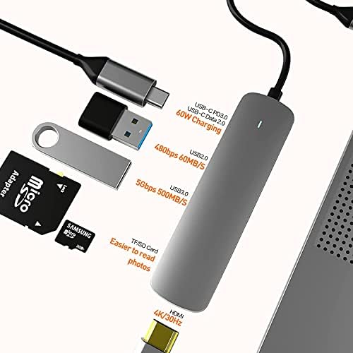 USB C Hub, 6 во 1 АЛУМИНИУМСКИ USB-C Адаптер со HDMI 4k Адаптер, USB-C Испорака На Енергија, Sd И Micro SD Читач На Картички