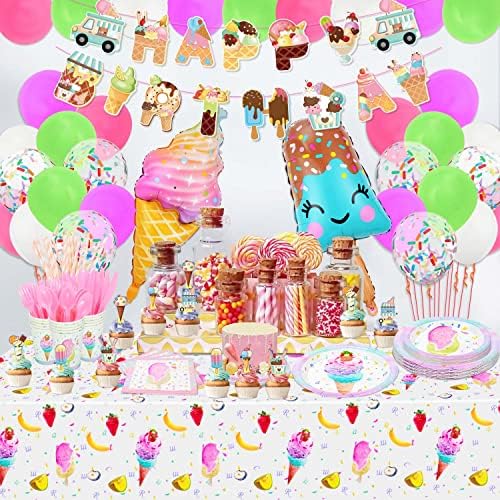Сладолед Роденден Декорации - Вклучувајќи Чинии, Чаши, Салфетки, Садови, Чаршав, Балони, Банер За Девојки Колекции Роденден
