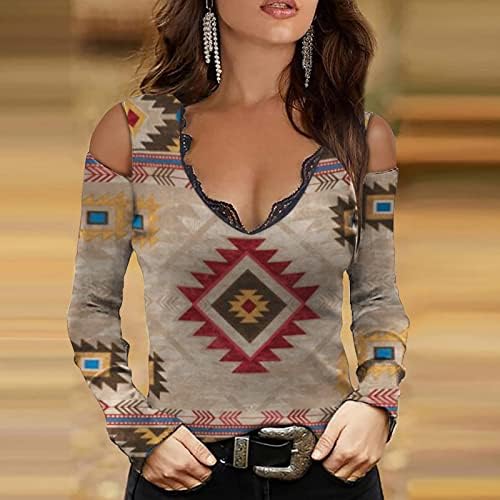 Women'sенски гроздобер западен Ацтек отпечатете го врвовите на рамото на рамото, чипката за долги ракави со долги ракави, тенок вклопувачки блузи