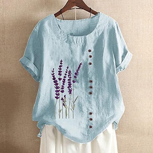Кралска сина кратка кошула со блуза за блуза за жени есен лето 2023 година постелнина памук екипаж Флорална графика хула лабава вклопена