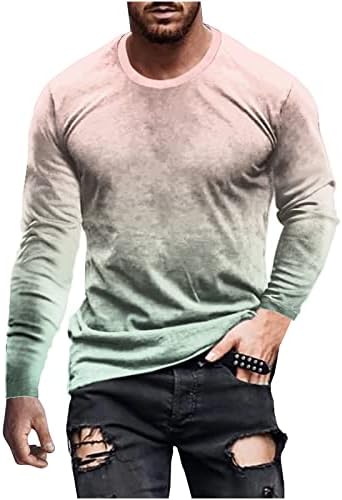 Машки долги ракави ладни маици, линија шарени 3Д печатење тркалезни влезови на вратот на врвот, бојата блок трендовски кошули