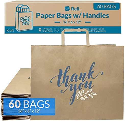 Рели. Чанти за купување хартија w/рачки | 60 компјутери | Големи 16 x6 x12 | кафеави хартиени кеси со рачки | Печатено благодарам торби, големи | извади/за да одите, малопрод?