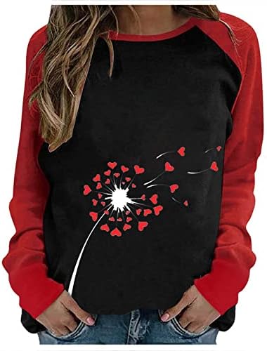Денот на вinesубените со долги ракави маички за жени за жени мода ЕКГ срце графички пуловер врвови обични бои блок тунични манжети
