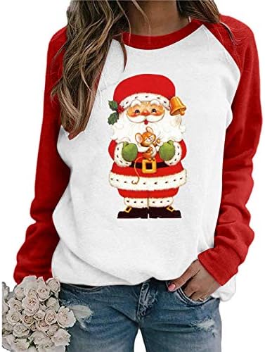 HHOO88 Графички џемпери за жени Pullover Долг ракав Божиќна печата за одмор есен кошула Обична о-врата лесна блуза