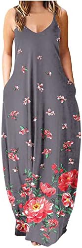 Wpoumv летен макси фустан за жени цветни печатени ракави без ракави v вратот sundress обичен лабав фустан од плажа џебови камизол фустан