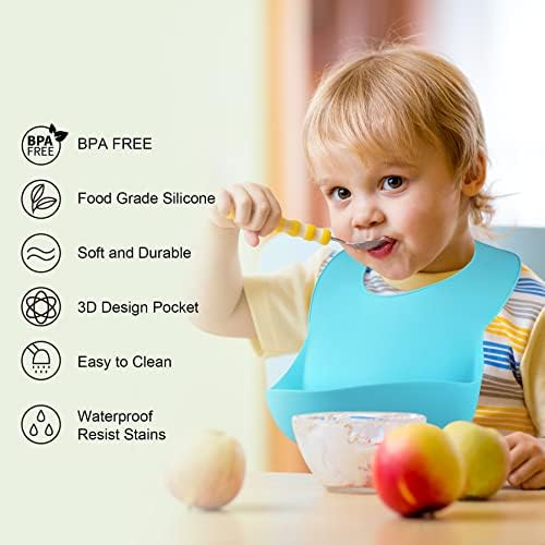 Прилагодлив силикон со џеб за ловџии за храна за бебиња и мали деца, водоотпорни бебиња за јадење за јадење, лесно избришете чисто