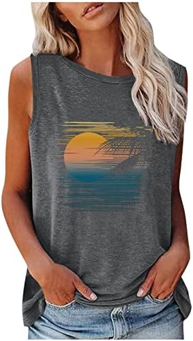 Ретро резервоар врвот за жени палми зајдисонце плажа за сурфање уметност тенкови врвови лето случајно лабаво вклопување маица блуза блуза