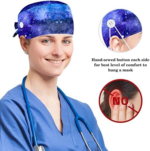 Операција капа буфан капа работна капа со копчиња и лакови за коса за жени, долга коса, ноќна ryвездена небо боја сина