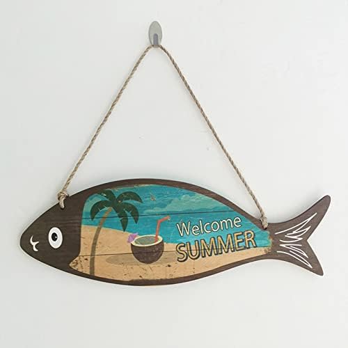 Лето дрвена риба добредојде знак наутички wallиден уметнички декор висијќи гроздобер риба украс знак декор знак за дома бања плажа