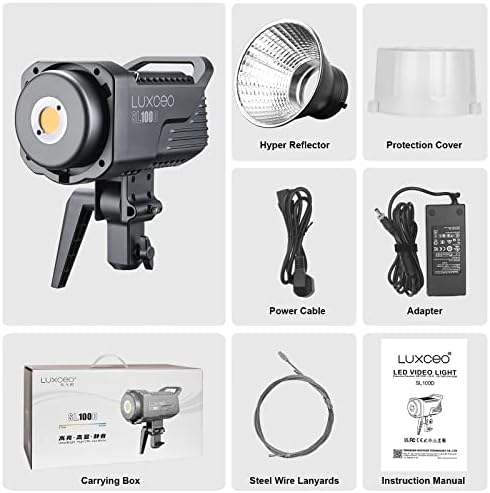 Luxceo 100w Bi-Cob Led Видео Светло, Континуирано LED Осветлување СО 2700k-6500K, CR 95+ TLCI 96+, 37700 lux@1m, Bowens Mount И Контрола НА