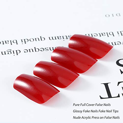 Гангел голи целосна покривка сјајни лажни нокти црвени лажни нокти со среден плоштад акрилен печат на нокти за жени и девојчиња 24 парчиња