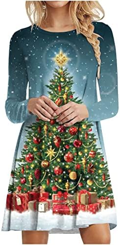 Бадхуб Божиќ_дрес Женска Мода Божиќна Елка Печатење Фустан Со Кружен Врат Со Долг Ракав