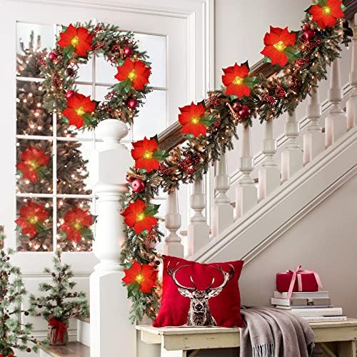 Kalynmart 14 ft Poinsettia Божиќни цвеќиња украси Гарланд 20 LED жица светла Декорација за Божиќна забава свадба
