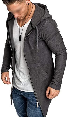 Машка долга кардиганска јакна со долг ракав по поштенски качулка лесен преден плетен палто со џебови со џебови со џебови