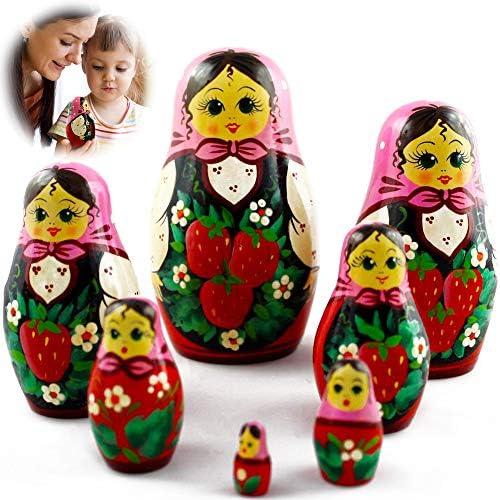 Дрвени руски кукли за гнездење со јагоди поставени 7 компјутери - кукли за гнездење на бабушка