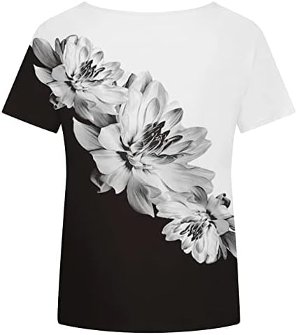 Маици за жени со кратки ракави со кратки ракави на вратот летни врвови гроздобер етнички маички лабави вклопуваат цветна блуза за