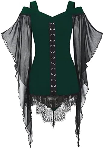 Womenените секси готски кошули, женски ракав на пеперутка ладна рамо на блузи врвови од мрежи за зашивање корсет за Ноќта на вештерките