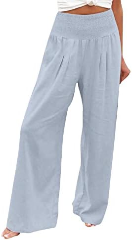 Памучни постелнини широки панталони за нозе за жени обични летни цврсти панталони со широки нозе со џебови, разгалени панталони