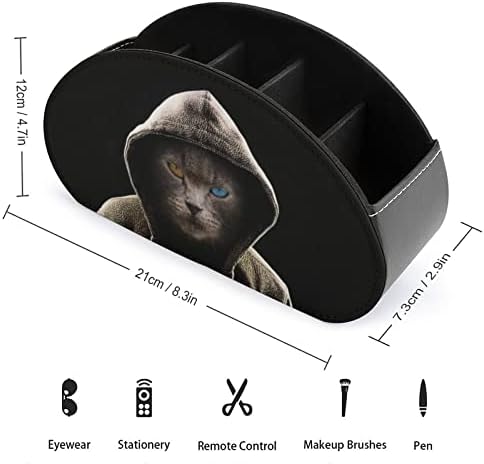 Лута мачка облечена во држачи за далечински управувач со качулка, кутија за организатор за складирање на кожни кади со 5 оддели за