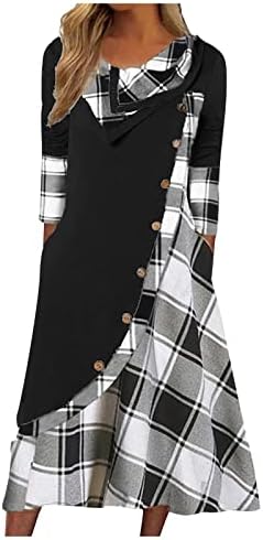 Обични фустани на женски Nokmopo модни карирани зашиени џебови на џебови вратот со долг ракав фустан