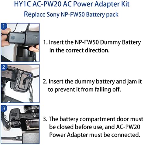 NP-FW50 за Sony A6000 A6400 Dummy Battery, HY1C AC-PW20 AC адаптер за напојување компатибилен со Sony Alpha ZV-E10 A5100 A6100 A6300 A6500 A7R A7S A7II A7RII A7SII A7SII RX10 III IV камери.