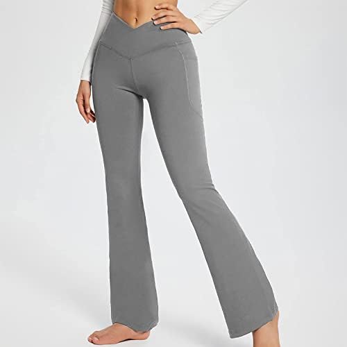 Quiusge жени јога панталони хеланки со џебови пакет, широки нозе со висока половината на половината за контрола на стомакот, фитнес панталони