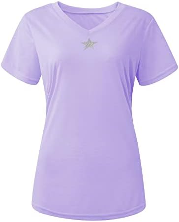 Fragarn плус врвови со големина за жени, женски случајни starвездени печати кратки ракави Основни кошула Основна кошула лабава вклопена